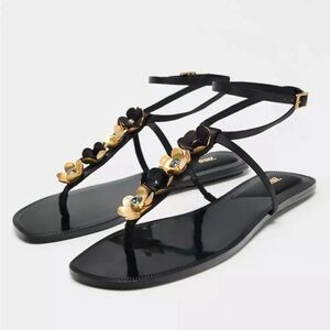 Zara Black and Gold Floral T-Strap Sandals